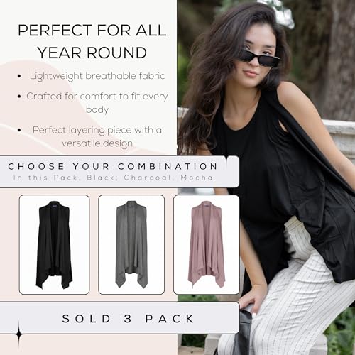 Image of Azules Sleeveless Cardigan for Women, Soft Lightweight Duster Open Front Sleeveless Long Cardigan Vest (3 Pack)