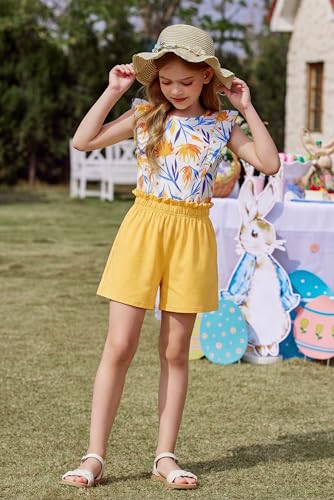 Image of Arshiner Girls Clothes Summer Outfits Ruffle Sleeve Tops and Paperbag Waist Shorts with Pockets Kids Clothing Set
