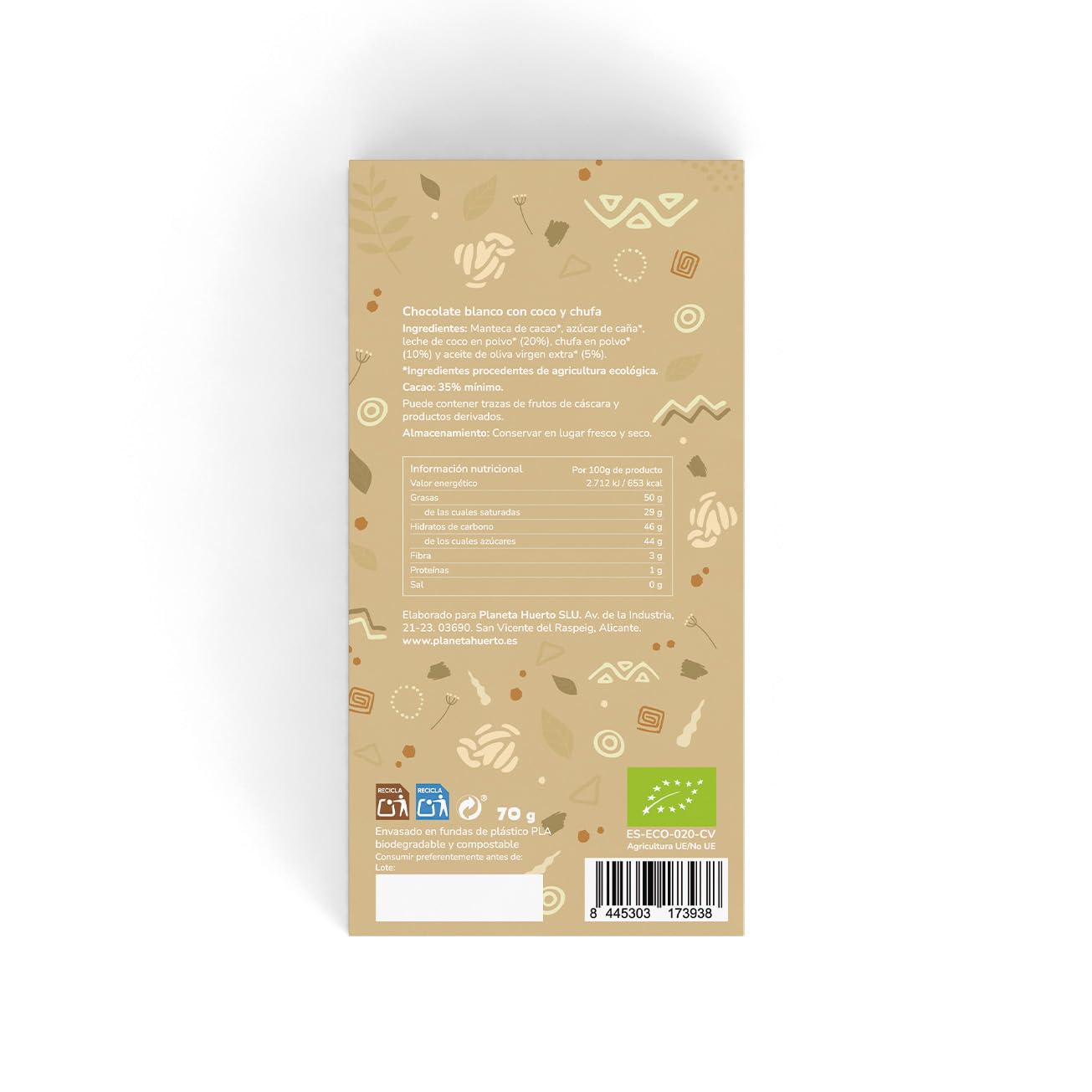 PLANETA HUERTO | Tableta Chocolate Blanco Vegano 35% Ecológico 100 g – Con Aceite de Oliva Virgen Extra – Sin Gluten, Sin Lactosa y Sin Azúcar Añadido