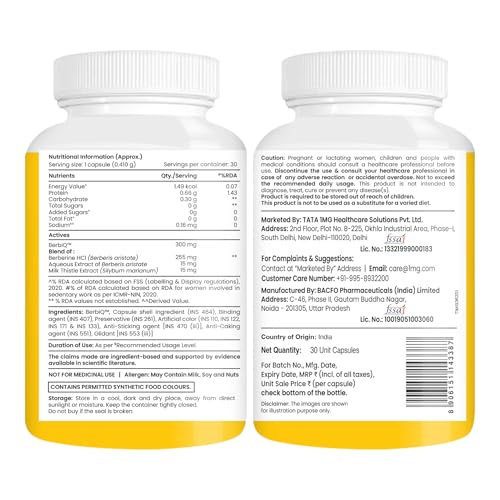 Image of Tata 1mg Berbiq Berberine 97% Capsules | Supports Glucose Metabolism | Clinically Proven Higher Absorption | With Milk Thistle | 30 Capsules