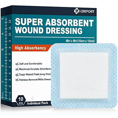 CEEPORT Super Absorbent Wound Dressing [4" X 4", 10 Pcs] Non-Stick Gauze Pads, Wound Care Supplies for Pressure Ulcers, 1st/2nd Degree Burns, Surgical Dressing, Drainage and Fast Healing Cover