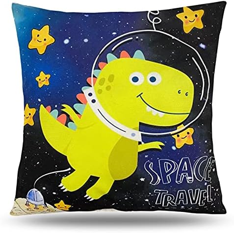 Dinosaur Decorative Throw Pillow Cover 18X18, Outer Space Cotton Linen Square Cushion Cover, Cute Dino Cartoon Pillow Case for Gift/Couch/Car/Party/Wedding Decor
