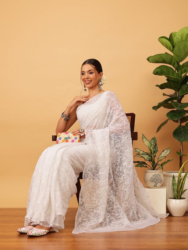Image of Ada Hand Embroidered Lucknowi Chikankari Georgette Saree for Women with Unstitched Blouse Piece Tepchi Saree-3590