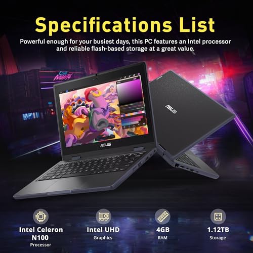Image of ASUS BR1102FGA 11.6 inch 2-in-1 Touchscreen Laptop, Intel Celeron N100, 4GB RAM, 1.12TB Storage(128GB SSD+1TB Docking Station Set), Intel UHD Graphics, WiFi 6, Webcam, Win11 Pro, Gray