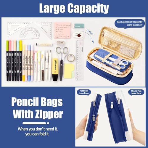 Image of OSDUE Canvas School Bag Pencil Case, 3 Layer 6 Compartment Large Capacity Pencil Pouch, Aesthetic Stationery Organizer with Zipper for Girls, Boys, Kids, School, College & Office (Blue)