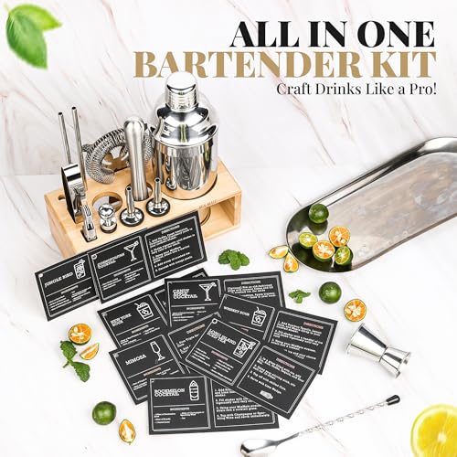 Image of Mixology Bartender Kit with Stand - 15 Piece Bar Tool Set, Silver Bar Set Cocktail Shaker Set for Drink Mixing - Includes Martini Shaker, Jigger, Strainer, Bar Mixer Spoon, Tongs | Gift Idea (Natural)