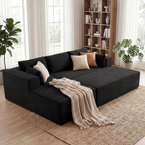 Image of GRUSIGN 106 inch Oversized Sectional Boneless Sleeper Sofa Bed Couches for Living Room, Modular L Shaped Couch with Left Facing Chaise & Big Ottoman, Compressed Spineless Corduroy Cloud Sofas, Black