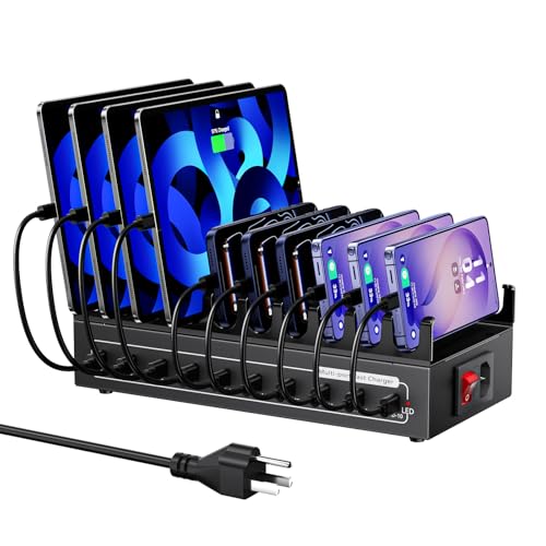 Cargador USB C de 10 puertos y 200W estación de carga múltiple con organizador para teléfonos