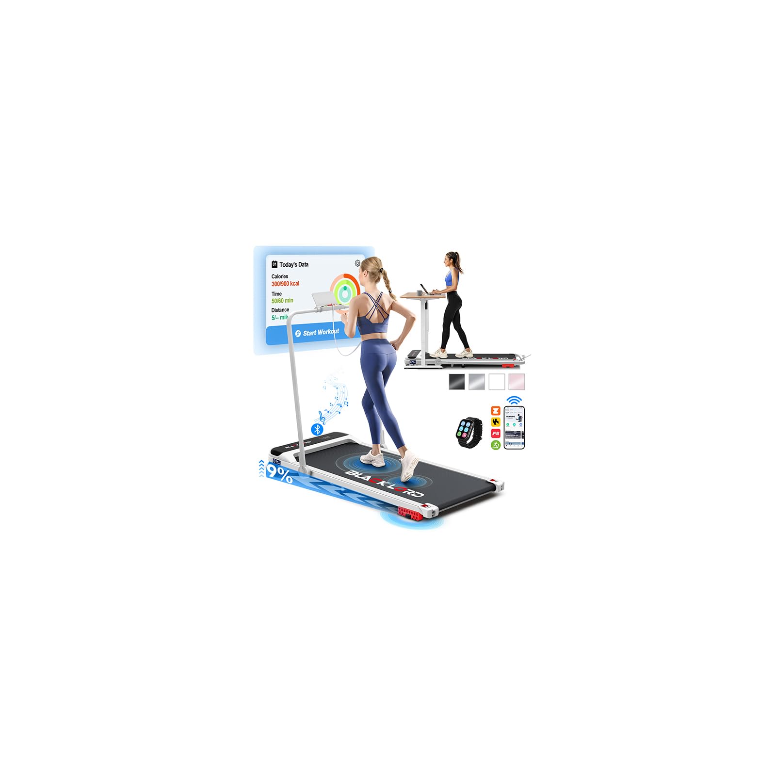 BLACK LORD Folding Walking Pad with Handle, Portable Treadmills for Home with 9% Incline, Indoor Electric Running Machine with 140kg Capacity, 100x40cm Wide Running Belt, LED Display, White