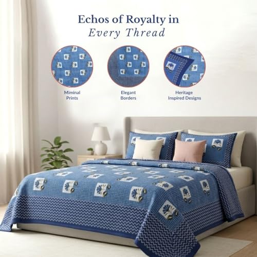 Image of Jaipur Weaves Jaipuri Double Bed Cotton Bedsheet Queen Size 90x85, 120 TC 100% Pure Cotton Bed Sheet with 2 Pillow Covers, Floral Traditional Print (Floral Blue, Double)