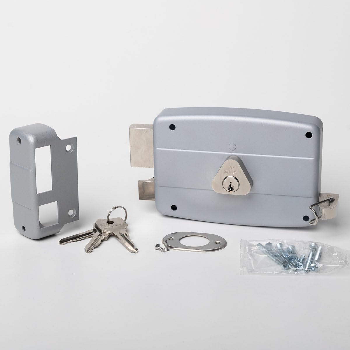 CISA - Serratura per Porte in Ferro da Applicare 15042160295 - Serratura Cancello Esterno in Acciaio Verniciato Grigio con Cilindro e Tirante nichelati - Entrata 60 - Mano Sinistra