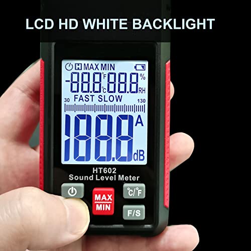 Digital Decibel Meter, Ht602A Sound Level Meter Noise Meter 30-130Dba With A Frequency Weighting, Temperature Humidity Measurement, Backlight Lcd Display, Max/Min/Data Hold, Fast/Slow, Storage Bag #TOP5