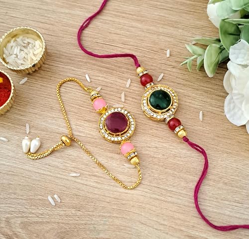 Image of Riddhika Ventures Alluring Gold Plated Bhaiya, Bhabhi Rakhi Gifts (Set of 2) Bhabhi with Roli Chawal, Greeting Card