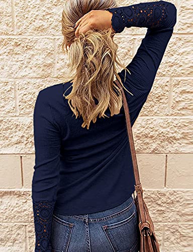 Image of Kancystore Women's Fall Long Sleeve Tops Lace V Neck Button Down Henley Shirts Tunic Blouses