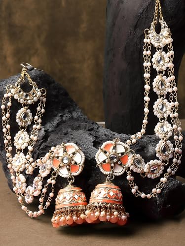 Image of Karatcart Gold Plated Pearl Chain Kundan Kaanchain Earrings for Women