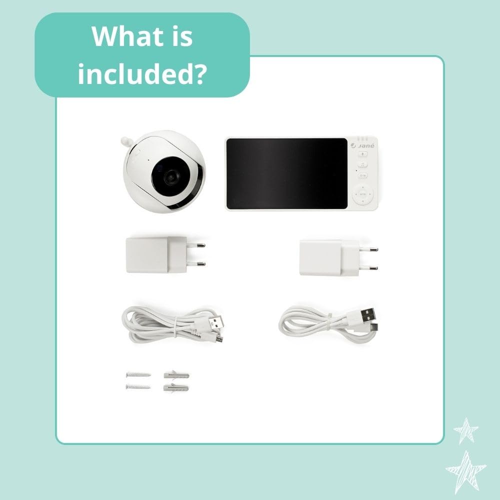 Jané Eye Pro Baby Monitor, elektroniczna niania z obrotową kamerą, przechylanie z silnikiem, ekran 5", dwukierunkowy dźwięk, noktowizor, duży zasięg, muzyka, niski pobór mocy baterii