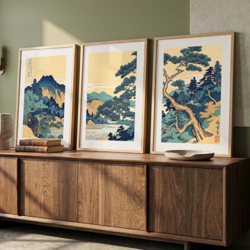 Image of kotart Japanese Nature Art View Framed Poster | Big Aesthetic Nature Art Wall Framed Posters for Living Room Bedroom Wall Decor Set Of 3 (14x20 Inch)