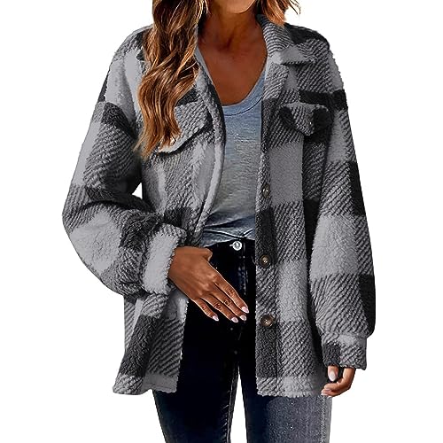 Amaon Deals Prime Coupons And Promo Codes Womens Flannel Shacket Jacket Plaid Button Down Long Sleeve Lapel Shirt Coat Trendy Casual 2024 Fall Fashion Clothes Grey buy again Labor Day Sale