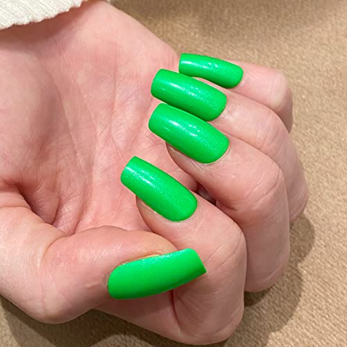 Novo Ovo Medium Square Neon Lime Green Opal Solid Color With Sparkle Thick False Fake Press On Nails Breeze Glossy Holographic Chrome Stick On Acrylic Kit With Glue For Spring Summer St. Patrick's Day #TOP2