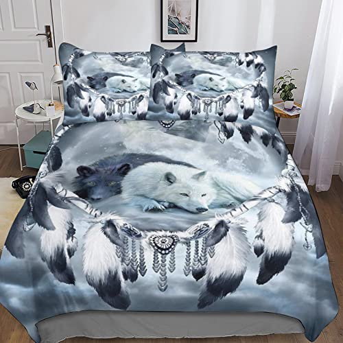 QLasic Attrape-rêves, Loup Housse De Couette 3 Pièces avec Taies D'oreillers Imprimé Adultes Enfant Doux Microfibre Coton Housse De Couette...