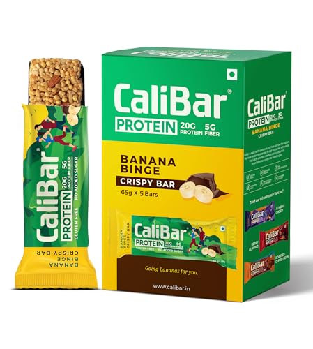 Image of CaliBar 20g Protein Bar - Banana Binge Crispy Bar (Pack of 5) No Added Sugar, GlutenFree, 5g Fiber, No Preservatives, Delicious Taste, Whey & Plant Protein, Fitness & Immunity (65g x 5 Bars)