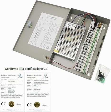 SQUADO Alimentatore per Telecamere CCTV, 12V 10A, 9 Uscite, Stabilizzato, Scatola di Alimentazione 12V 10A 220v A22