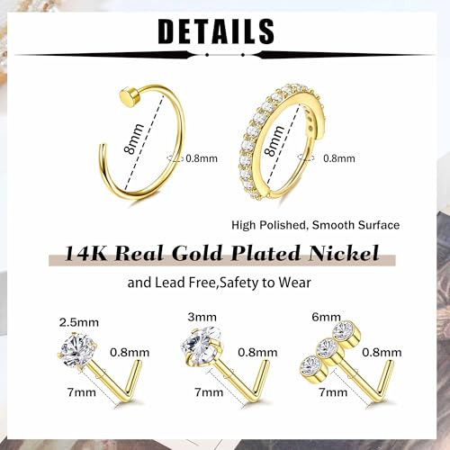 BESTEEL 14K Gold Filled Nose Ring Studs 20G Nose Rings Hoops Stud 316L Stainless Steel Nose Rings Round CZ Heart Simulated Diamond L Shaped Nose Stud Hypoallergenic Nostril Piercing Jewelry for Women Men 10Pcs4