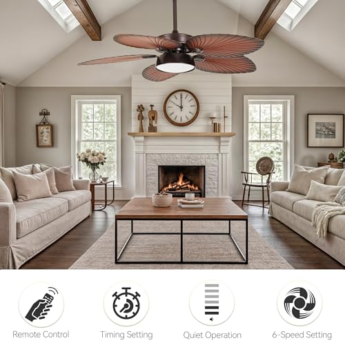 DWVO 52" Tropical Ceiling Fan with Light & Remote, LED Tri-Color Temperature, 5 Blade Ceiling Fans Reversible 6 Speeds w/Quiet DC Motor, 6'' & 12'' Downrods for Bedroom, Living Room