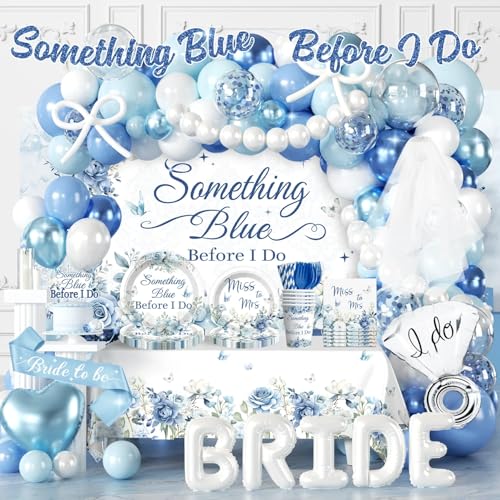 Cocomigo 271 PCS Something Blue Before I Do Bridal Shower Decorations Set Serves 25 with Plates Napkins Balloon Arch Veil & Sash Backdrop & Banner for Blue Bridal Shower Decorations