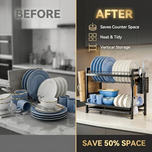 Image of COMFYHOME Utensils Drying Rack,2-Tier Stainless Steel Dish Drying Rack, Saving Countertop Organizer with Drainboard, Drainer Tray & Utensil Holder,Rust-Resistant Suitable for Plates, Cutlery, Bowls