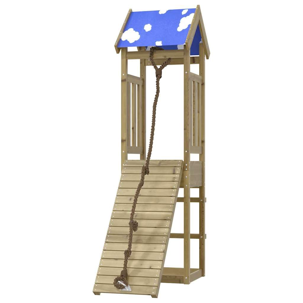 Wieża do zabawy z impregnowanego drewna sosnowego do ogrodu i na podwórko, z rampą do wspinaczki, piaskownicą i dachem chmur, platforma 90 cm, dla dzieci w wieku od 3 do 8 lat
