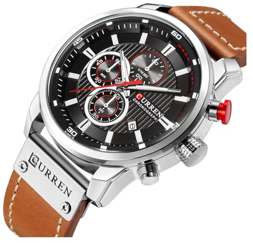 Image of FANMIS Mens Sport Military Analog Quartz Watch Chronograph Classic Casual Business Dress Waterproof Watch Multifunctional Wristwatch with Leather Strap