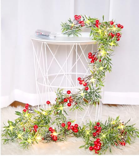 Guirlande Noel,Couronne de Noël de 1,8 Mètre de Long,Deco Noel avec Une Lumière de 2 Mètres Lumière de 20 LED de Baies Rouges et de Feuilles Vertes,pour Les Décoration Noel Intérieur (Style 1)