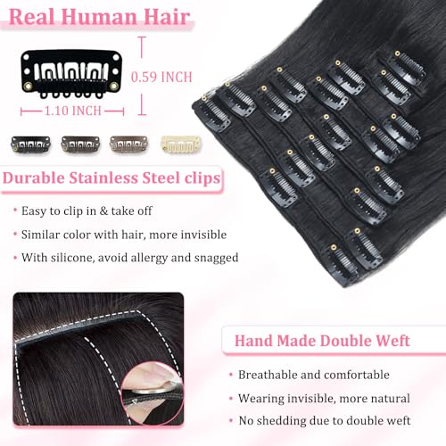 Image of Clip in Hair Extensions Real Human Hair, Human hair Clip ins Extensions | Seamless Invisible Human Hair Extensions Clip ins Straight 8Pcs Double Weft Tangle Free, No Shedding Jet Black 24inch 120g