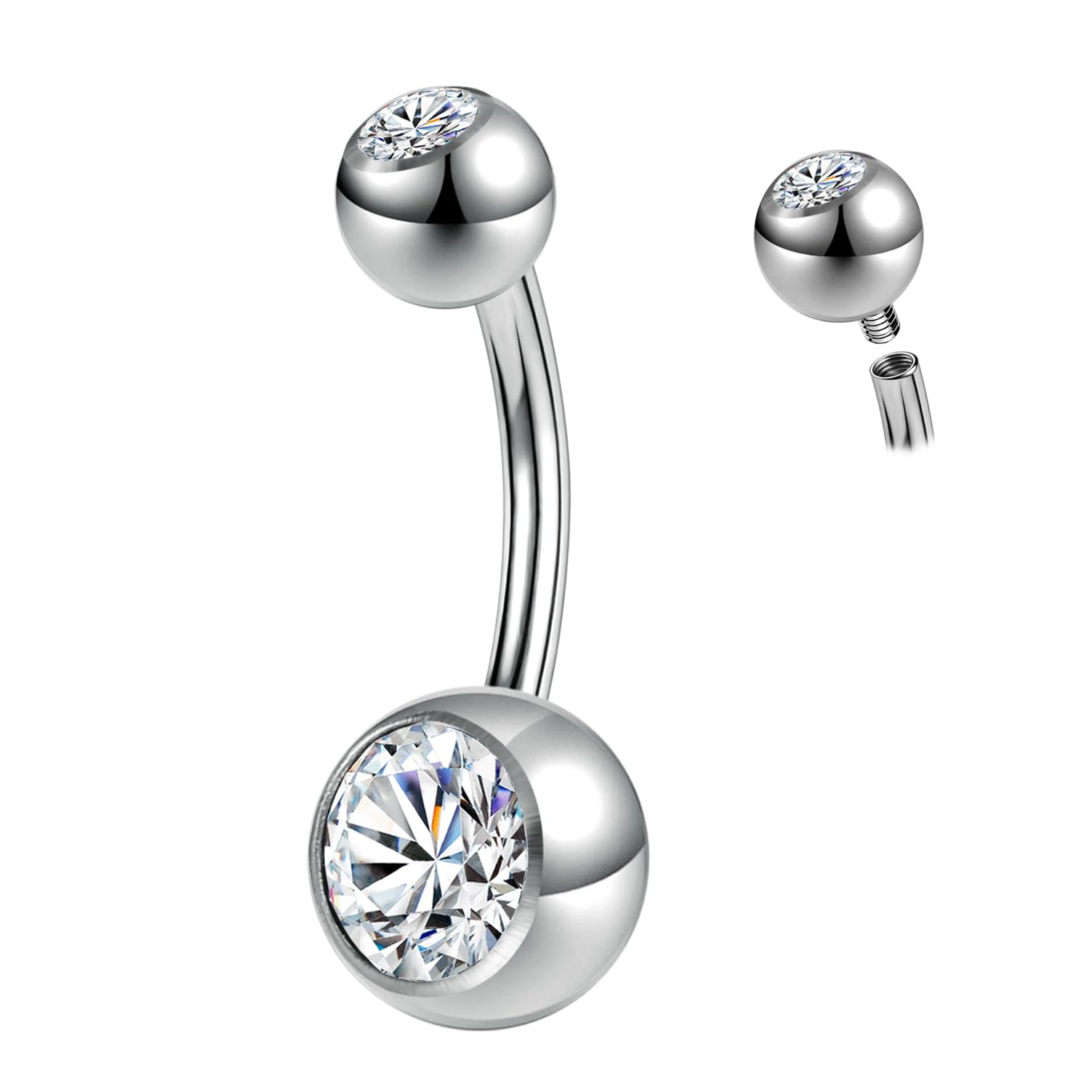 ZS ASTM F136 - Piercing de ombligo de titanio sólido de 14 G, circonita cúbica de 14 g, piercing de ombligo con rosca interna, barra larga, joyería para mujer, L:8mm, Metal, Circonia cúbica