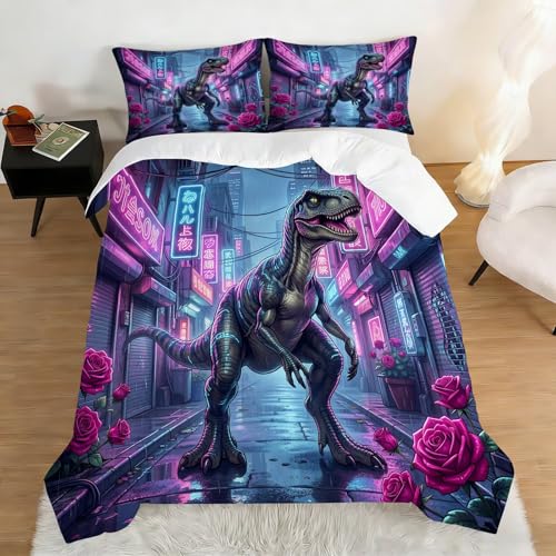Image of Cyber City Dinosaur Comforter Set Queen Size Neon Rose Dino Bedding Sets for Kids Teens Boys Girls Bedroom Pink Blue T-Rex Animal Quilt 1 Comforter 2 Pillowcases