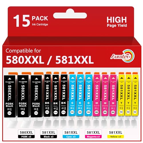 Aurotec 580XXL 581XXL Cartuchos de Tinta Compatibles con Tinta Canon 580 581 XXL PGI 580XXL CLI  581XXL para PIXMA TS8350 TS9550 TS6150 TR8550 TS6351a TS705 TS6300 TS615 TS8152 TS6350(15 Pack)