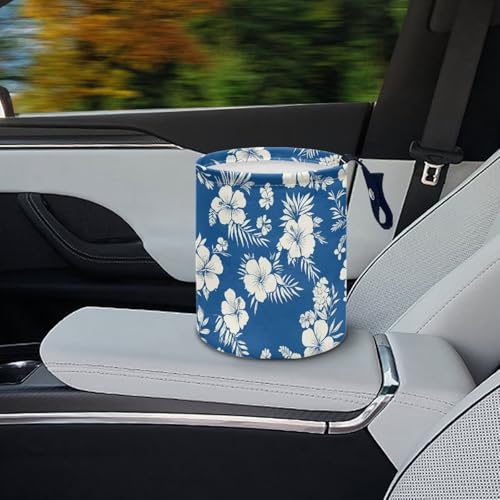 Image of Blue Tropical Flower Car Garbage Can Mini Car Trash Bin Hanging Headrest with Adjustable Buttons Multipurpose Cars Organizer