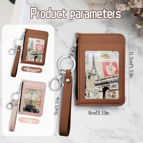 Slim Minimalist Front Pocket Wallet, PU Leather Credit Card Holder with Zipper, Keychain Wallet for Men & Women (Brown)2