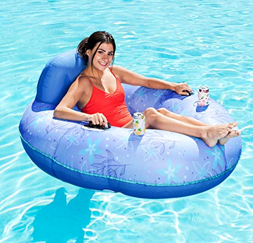 Sloosh Lake Tube With Backrest, Inflatable Pool Tube Chair, Blue Flower Fabric Cover Pool Float, Adult Pool Lounger Float For Lake, Pool, River, Beach 48 Inch #TOP9