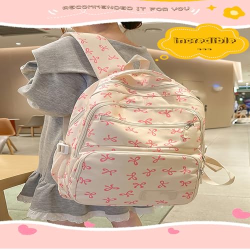 3Pcs Set Pink Bow Backpack for Women, Coquette Aesthetic Nylon Rucksack Cute Kawaii Backpack With Bow Pattern (Pink)3