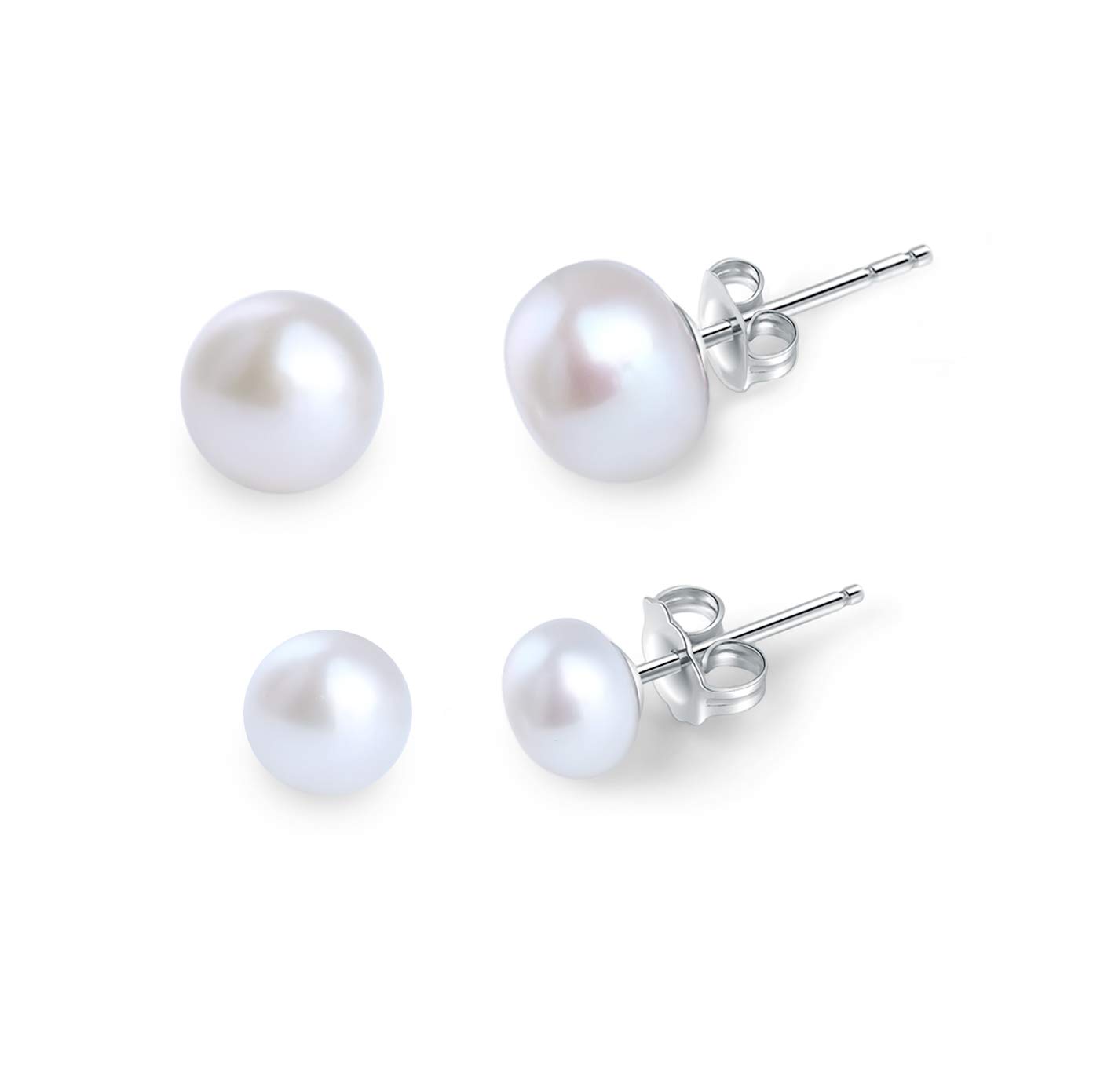Molah Rhodium Plated 925 Silver 7.5-8mm and 9-9.5mm Cultured Freshwater Pearl Set Stud Earrings