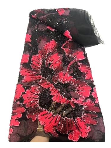 Tissu brodé rouge avec perles pour créer votre robe de soirée