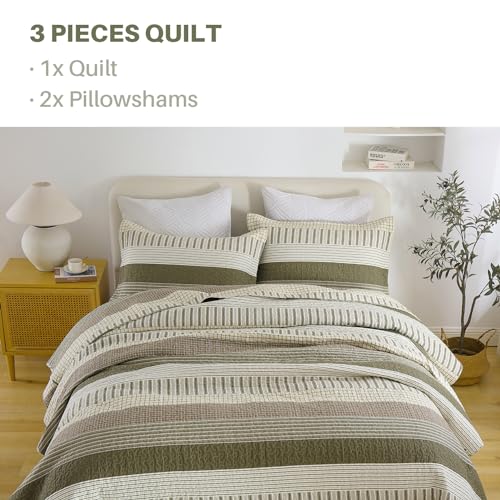 Image of PANGUSHAN 100% Cotton Quilt Set Queen Size, Patchwork Queen Quilt Bedding Set Bedspreads, Farmhouse Lightweight Comforter Reversible Quilt, Queen Bed Spread for All Season, Green /Brown /Cream