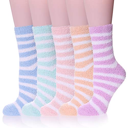 AOXION Womens Fuzzy Warm Soft Cozy Microfiber Winter Home Sleeping Slipper Socks Multi Color 5 Pairs Stripe