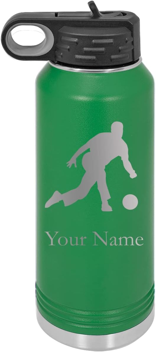Bowling Team Bowler Personalized Custom Engraved Double Wall Vacuum Hot/Cold Drinks Insulated Stainless Steel Boys/Girls Sports Team Water Bottle with Flip Top Lid, Straw