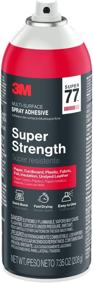 3M Super 77 Multi-Surface Spray Adhesive, 7.35 oz., Low VOC, Quick Bond, Fast Drying, Clear Finish for Foil, Foam, Paper, Metal, Plastic, Fabric, and Cardboard (77-10-NAT), 4-Pack