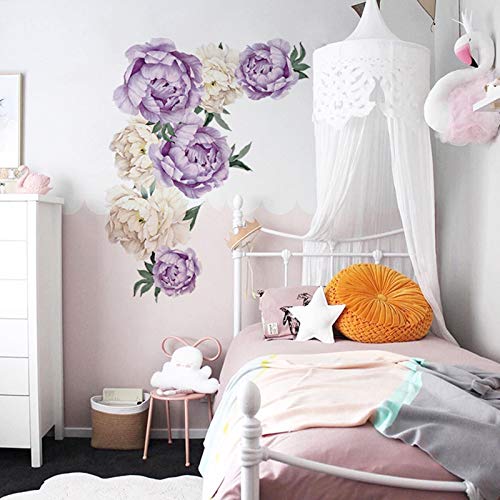 Purple Peony Wall Decals for Bedroom, Watercolor Flowers Wall Stickers Peonies Floral Wall Posters Vinyl Removable Blossom Art Murals for Living Room Girls Room