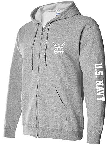 zerogravitee U.S. Navy White Sleeve Print Full-Zip Hooded Sweatshirt in Sport Grey - Large