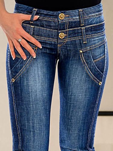 Flamingals Straight Leg Jeans for Women Mid Rise Causal Layered Waist Wash Stitch Detail Jeans4
